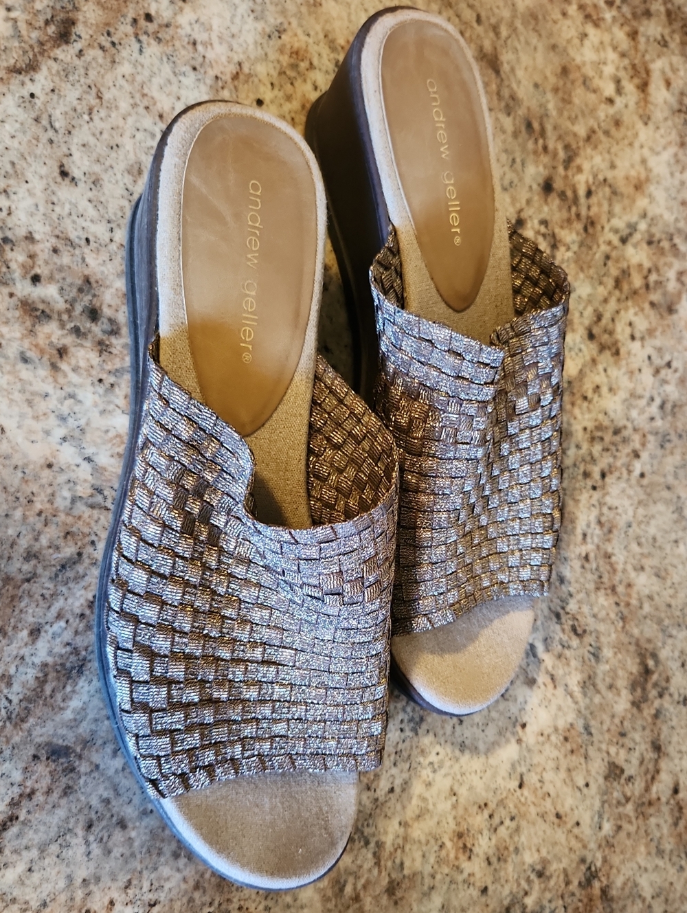 Andrew Geller Metallic Bronze Woven Slide Sandals